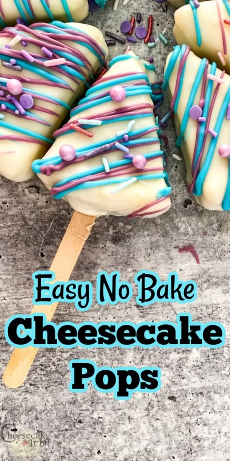 Candy Melts Recipe, Cheesecake On A Stick Recipe, Cheesecake On A Stick, Chocolate Dipped Cheesecake, Cheesecake Cake Pops, No Bake Cake Pops, Cake Pucks, Cake Pop Recipes, Cheesecake Pops