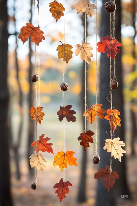 Hanging autumn leaves and pinecones in a forest setting. Cozy fall decor idea, perfect for adding a touch of fall home decor to your space. Autumn Leaf Garland Diy, Fall Leaves Decorations, Autumn Leaf Decorations, Autumn Leaves Decor, Fall Restaurant Decorations, Thanksgiving Craft Decorations, Nature Party Decor, Autumn Tree Decorations, Natural Fall Decorations