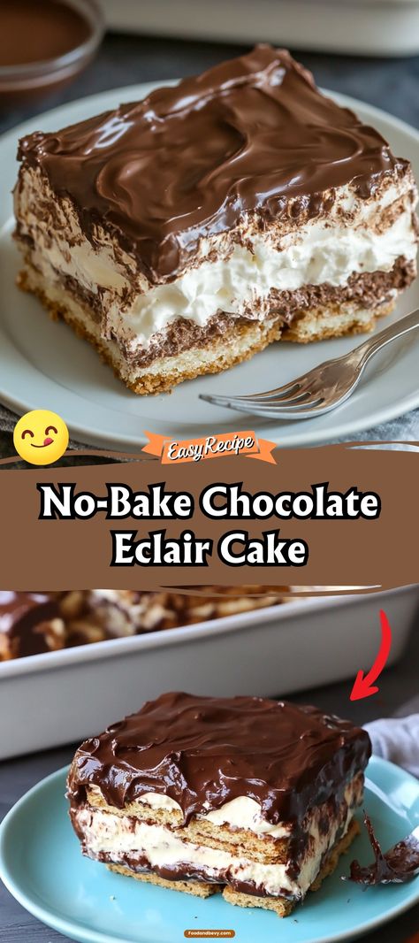 Satisfy your sweet tooth with this No-Bake Chocolate Eclair Cake. Layers of graham crackers and vanilla pudding topped with a rich chocolate frosting make this an irresistible and easy dessert everyone will love. #ChocolateEclair #NoBakeRecipe #SweetTreats No Bake Chocolate Delight, Graham Cracker Eclair Cake, Graham Cracker Vanilla Pudding Dessert, Eclair Pudding Dessert, Graham Cracker Pudding Cake, Graham Cracker And Pudding Dessert, Pudding Based Desserts, No Bake Chocolate Eclair Dessert, Desserts Everyone Loves