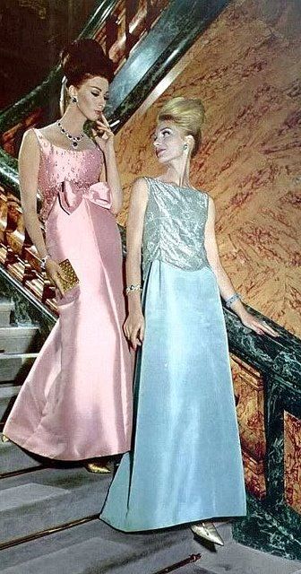 Wilhelmina in rose satin gown by Christian Dior and model in pale turquoise silk faille and tulle gown by Pierre Cardin, 1962 Marc Bohan, 1960 Fashion, Fashion 1960s, 60s And 70s Fashion, 1960's Fashion, Sixties Fashion, Retro Mode, The Sixties, Vintage Couture