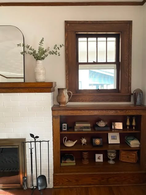 1915 Craftsman House Tour Photos | Apartment Therapy Window By Fireplace, Built In Shelves Fireplace, Craftsman Built Ins, Bungalow Fireplace, Northern House, Interior Millwork, Craftsman Interior Design, Craftsman Living Room, Craftsman Fireplace