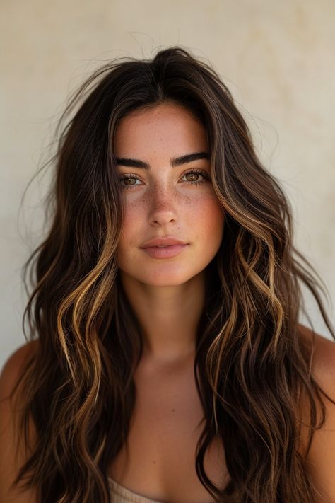 Long Brown Hair With Light Brown Highlights, Light Brown With Dark Highlights, Interesting Brown Hair, Subtle Highlights For Dark Hair Curly, Highlights Dark Brown Hair Straight, Dark Brown Curly Hair With Highlights, Straight Brown Hair, Surf Hair, Natural Looking Highlights