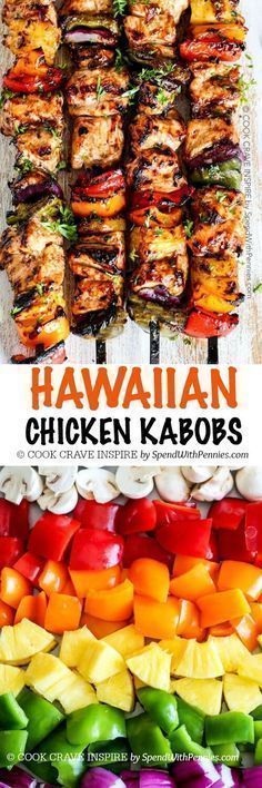 Grilled Hawaiian Chicken Kabobs. Tender juicy chicken layered with a rainbow of veggies in a tangy Pineapple Honey BBQ Sauce. The perfect quick & easy summer meal! Hawaiian Chicken Bacon Kabobs, Grilled Chicken And Pineapple Skewers, Hawian Chicken Kabob Marinade, Chicken Kabobs On The Grill Marinade, Pineapple Chicken Kebabs, Paleo Camping, Easy Summer Meal, Hawaiian Chicken Kabobs, Chicken Kabob Recipes