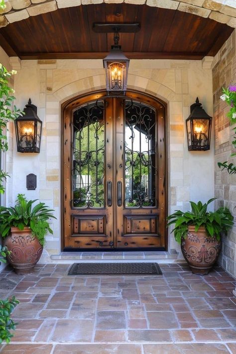 Outdoor Ideas On A Budget, Outdoor Ideas For Kids, Patio Outdoor Ideas, Outdoor Ideas Backyard, Door Lighting, Mediterranean Homes Exterior, Ideas For Yard, Stylish Entryway, Front Door Lighting