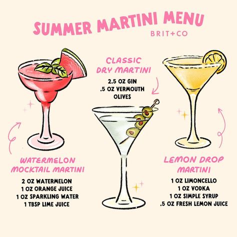 Summer Martini Menu 🍸 It's World Martini Day⁠ and we're celebrating with three martini recipes you'll want to drink all summer long! SAVE this post for the next time you're in the mood for a classic cocktail (or mocktail!)🍹 ⁠ ⁠ Classic Dry Martini 🫒 ⁠ - 2.5 oz gin⁠ - 0.5 oz vermouth⁠ - olives⁠ ⁠ Watermelon Martini (Mocktail!) 🍉 ⁠ - 2 oz watermelon purée ⁠ - 1 oz orange juice⁠ - 1 oz sparkling water⁠ - 1 tsp lime juice⁠ ⁠ Lemon Drop Martini 🍋 ⁠ - 1 oz limoncello⁠ - 1 oz vodka⁠ - 1 oz simple s... Summer Martini Recipes, Summer Martinis, Martini Recipes Easy, Watermelon Martini, Martini Recipes Vodka, Bartender Drinks Recipes, Bartender Drinks, Martinis Drinks, Pretty Alcoholic Drinks