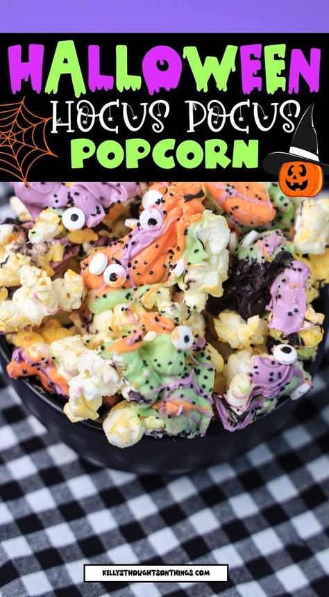 Hocus Pocus popcorn in a black bowl Hocus Pocus Popcorn, Hocus Pocus Party Food, Candy Popcorn Recipe, Sisters Movie, Delicious Halloween Treats, Gluten Free Snack, Hocus Pocus Party, Halloween Popcorn, Hocus Pocus 2