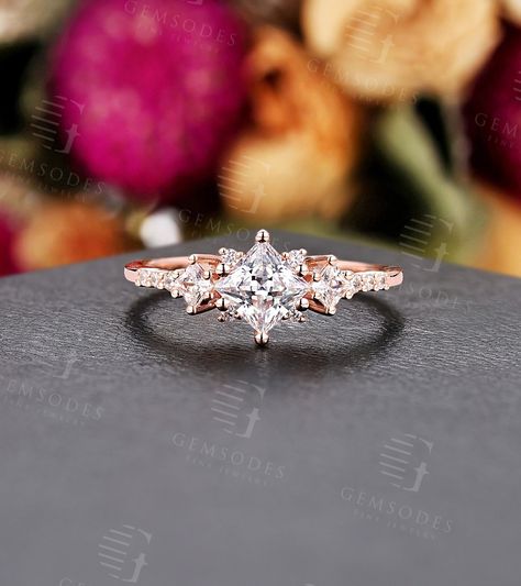 Vintage Princess Cut Moissanite Engagement Ring Rose Gold Ring Round Cut Diamond Ring Unique Anniversary Promise Ring Art Deco Ring - Etsy 3 Stone Princess Cut Ring, Vintage Princess Cut Ring, Unique Wedding Rings Princess Cut, Rose Gold Princess Cut Ring, Rose Gold Princess Cut Engagement Ring, Princess Engagement Rings, Engagement Rings Rose Gold Princess Cut, Princess Wedding Rings, Engagement Ring Princess Cut