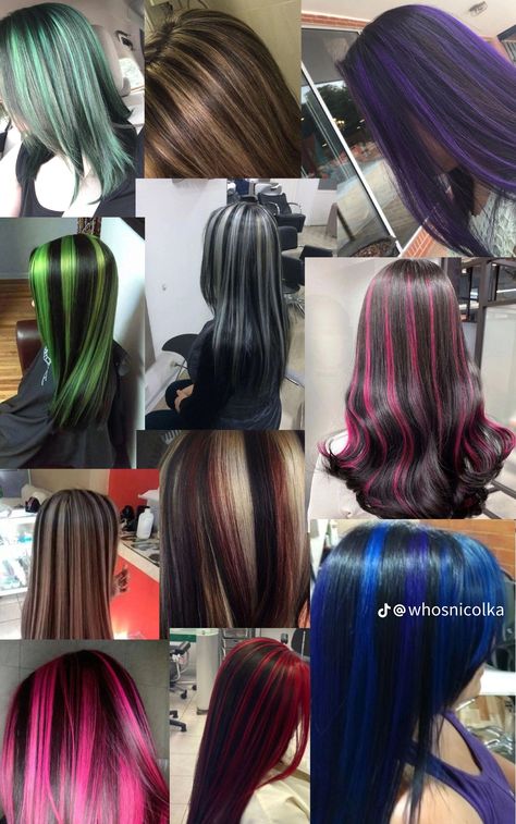 Skunk Hair Ideas, Hair Dye Ideas Color, Brunette With Colored Highlights, Monster High Hair Inspiration, Monster High Hair Dye, Monster High Hairstyles, Dyed Hair Streaks, Grunge Hair Long, Zoe Kravitz Hair