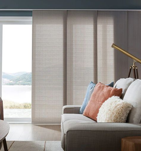 Blindsgalore® Envision Panel Track Blinds: Light Filtering | Blindsgalore Window Ideas For Bedroom, Patio Door Curtain Ideas, Sliding Door Shades, Sliding Door Coverings, Door Curtain Ideas, Sliding Glass Door Coverings, Patio Door Window Treatments, Patio Door Curtain, Glass Door Coverings