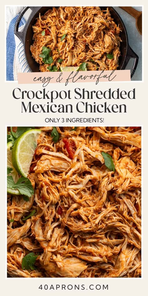 A favorite recipe in my house for well over a decade now, this slow cooker Mexican chicken is a total dream. It's completely hands-off and made with only 3(!) store-bought ingredients, plus it's perfect in tacos, salads, burritos, quesadillas, bowls, or nachos. I've always got the ingredients for this one on hand! Chicken With Salsa Recipe, Mexican Chicken Breast Recipes, Hot Dog Soup, Shredded Chicken Breast Recipes, Mochi Brownies, Accordion Potatoes, Dog Soup, Whole 30 Crockpot Recipes, Crockpot Mexican Chicken