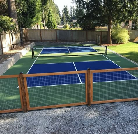 Pickleball Court In Yard, Backyard Sport Court Ideas, Backyard Pickleball Court And Pool, Backyard Pickleball Court Landscaping, Portable Pickleball Court, Home Pickle Ball Courts, Pickleball Court Dimensions, Backyard Pickle Ball Court, Pickle Ball Court Backyard Ideas