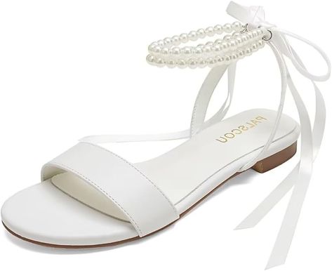 Amazon.com | PALSCOU Wedding Shoes for Bride Flat Sandals Open Toe Pearl Bridal Shoes Flat Wedding Sandals-White-7 | Flats Wedding Shoes Flats For Bride, Flat Wedding Sandals, Flats For Bride, Bridal Shoes Flat, Bride Flats, Flat Sandals Wedding, Wedding Shoes For Bride, Shoes For Bride, Wedding Shoes Flats