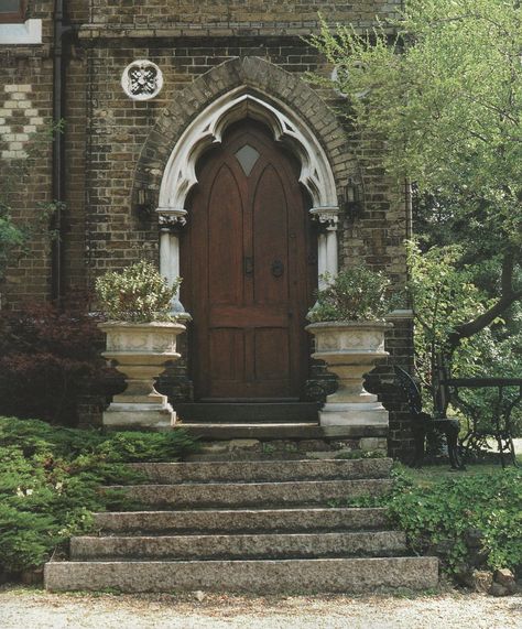 Victorian Literature: A Victorian House  gothic wooden front door urns gardens front steps Front Door With Windows, Wooden Front Door, Gothic Door, Victorian Literature, Gothic Revival Architecture, Victorian Style Homes, Victorian Door, Victorian Interior, Front Doors With Windows