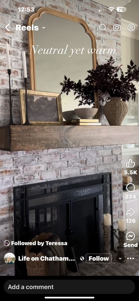 Dark Wood Fireplace, Red Brick Fireplace Decor, Brick Fireplace Decor, Red Brick Fireplace, Red Brick Fireplaces, Core Decor, Cottage Core Decor, Wood Fireplace, Interior Design Decor