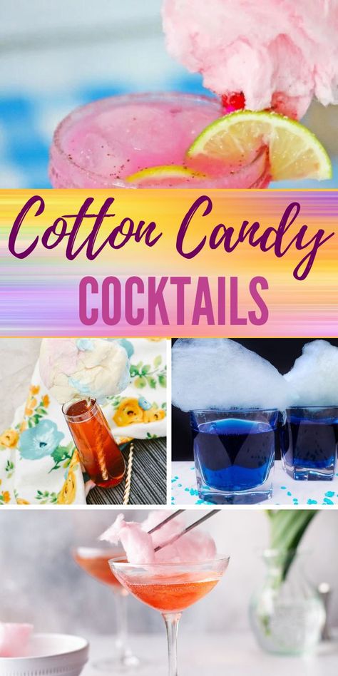 Cotton Candy Martini Recipe, Cotton Candy Alcoholic Drink Recipes, Drinks With Cotton Candy On Top, Circus Themed Alcoholic Drinks, Candy Inspired Cocktails, Cotton Candy Vodka Drinks, Cotton Candy Alcoholic Drink, Cotton Candy Cocktail Recipe, Circus Themed Cocktails