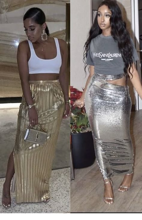 Metallic Theme Party Outfit, Silver Outfit Ideas Black Women, Silver Skirt Outfit Black Women, Metallic Skirt Outfit Black Women, Metallic Mini Skirt Outfit, Silver Outfit Black Women, Silver Skirt Outfit, Silver Skirt Outfits, Silver Outfits