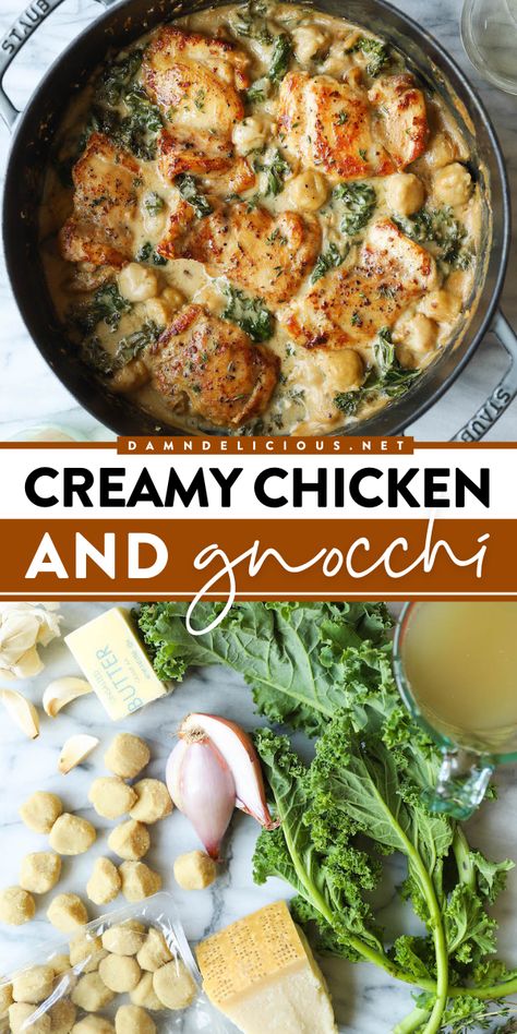 Looking for comfort food ideas? Whip up this Creamy Chicken and Gnocchi! You're going to love this gnocchi meal with chicken thighs and sneaked-in kale. It's such a hearty dinner recipe! Pin this for later! Creamy Chicken And Gnocchi, Chicken And Gnocchi, Gnocchi Recipes Homemade, Gnocchi Dishes, Juicy Chicken Thighs, Gnocchi Recipe, Chicken Gnocchi, Chicken Baked, Dream Food