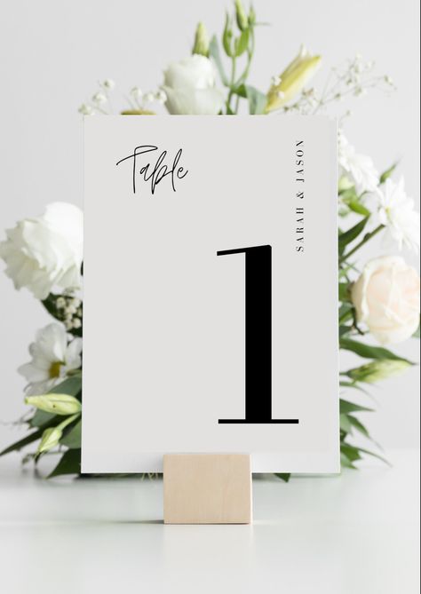 Modern Classic Wedding Table Numbers, Table Number Menu Wedding, Long Table Numbers Wedding, Cool Table Number Ideas, Minimalist Wedding Reception Table, Black Tie Wedding Table Numbers, Classy Table Numbers Wedding, Table Number For Wedding, Tables Numbers Wedding