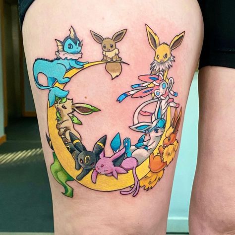 Jordan Baker on Instagram: “Eevee Evolutions thigh tattoo for Stacey, who’s your favourite Pokemon? 💫 Contact tattoos@thekitchenbodyart.com for quotes and bookings ⚡️…” Flareon Tattoo, Eevee Tattoo, Nintendo Tattoo, Evolution Tattoo, Cactus Tattoos, Pikachu Tattoo, Pokemon Tattoos, Future Tattoo Ideas, Pokemon Tattoo