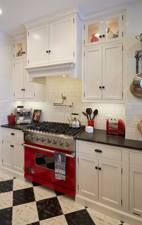 retro kitschy kitchen inspo
vintage kitschy kitchen inspo
quirky kitschy kitchen inspo
colorful kitschy kitchen inspo
eclectic kitschy kitchen inspo White Kitchen Red Accents, Country Galley Kitchen, Red And White Kitchen Cabinets, Kitchen With Red Accents, Red Kitchen Appliances, Red White Kitchen, Tiny Cottage Kitchen, Red Appliances, Trendy Kitchen Design