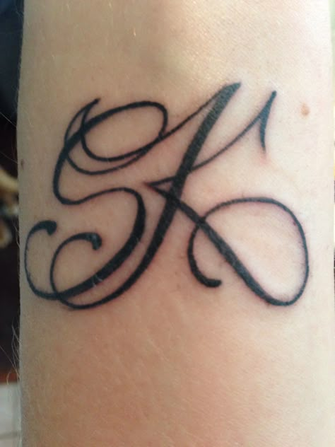 Initial Tattoo, kids initials S And K Tattoo, Sk Tattoo, Letter K Tattoo, Kids Initial Tattoos, Initial Tattoos, Sk Logo, Font Tato, Tattoo Kids, Tattoos Nature