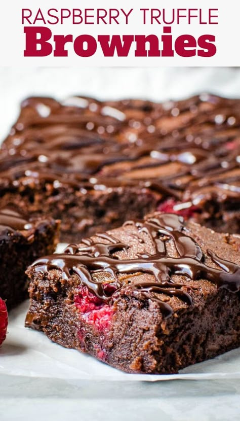 Want the best one bowl brownie recipe? These easy homemade fudgy, chewy truffle brownies are made with cocoa powder, chocolate chips, fresh raspberries and raspberry jam for an irresistible flavor and texture. Great for Valentine's Day desserts. Brownie Raspberry, Truffle Brownies, Cocoa Powder Chocolate, Chocolate Raspberry Brownies, Raspberry Glaze, Brownies Healthy, One Bowl Brownies, Raspberry Truffle, Ultimate Brownies