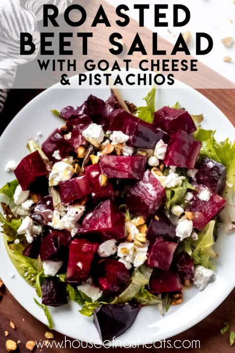 Roasted Beet Salad is one of those easy-fancy salads or side dishes to serve guests that will have them fooled into thinking you are a gourmet chef. This healthy, flavorful dish is so simple to throw together but tastes complex with the combination of creamy goat cheese, sweet, earthy beets, crunchy pistachios, and bright homemade vinaigrette that can be thrown together in minutes. #beets #salad #sidedish #beetsalad #goatcheese #pistachios #easy #recipe #roasted Beet Salad With Goat Cheese, Fancy Salads, Salad With Goat Cheese, Beet Salad Recipes, Roasted Beet Salad, Meat Lover, Beet Recipes, Gourmet Chef, Best Salad Recipes