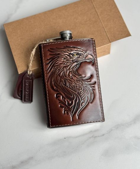 Eagle engraved leather flask for men Drink barware for men Whiskey flask Bourbon alcohol gifts Mens gift Christmas gifts for him by UkrLeatherStore on Etsy Whiskey Flask, Refillable Leather Journals, Leather Flask, Leather Glasses Case, Leather Journal Cover, Drink Bar, Alcohol Gifts, Manual Work, Glasses Cases