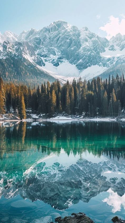 Mountain Reflective Beauty: A serene alpine lake mirroring the majestic snow-capped mountains surrounded by verdant coniferous forests. #mountain #reflection #lake #forest #snow #aiart #aiphoto #stockcake ⬇️ Download and 📝 Prompt 👉 https://ayr.app/l/ctur Snow Mountain Photography, Snow Mountain Aesthetic, Mountain Reference, Hunt Aesthetic, Alpine Mountains, Mountain Kingdom, Mountain Reflection, Bedroom Paintings, Coniferous Forest