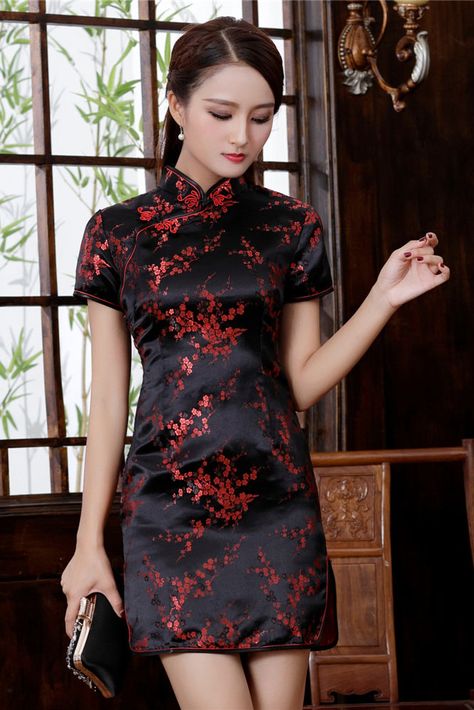 Black Qipao, Wedding Qipao, Chinese Qipao, Red Wedding Dress, Classic Wear, Qipao Cheongsam, Traditional Chinese Dress, Plum Flowers, Qipao Dress