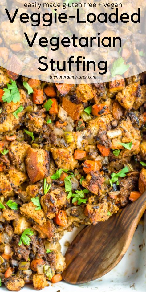 Vegetarian Stuffing Recipe, Gluten Free Stuffing Recipes, Vegetarian Stuffing, Vegetarian Thanksgiving Recipes, Stuffing Recipes For Thanksgiving, Stuffing Casserole, Vegetarian Thanksgiving, Healthy Thanksgiving, Holiday Meal