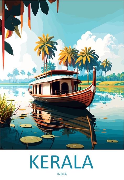 India Travel Posters, Indian Cities Illustration, Kerala Illustration Art, Travel And Tourism Poster Design, Kerala Illustration, Visual Elements Of Art, India Illustration, Development Illustration, Exterior Murals