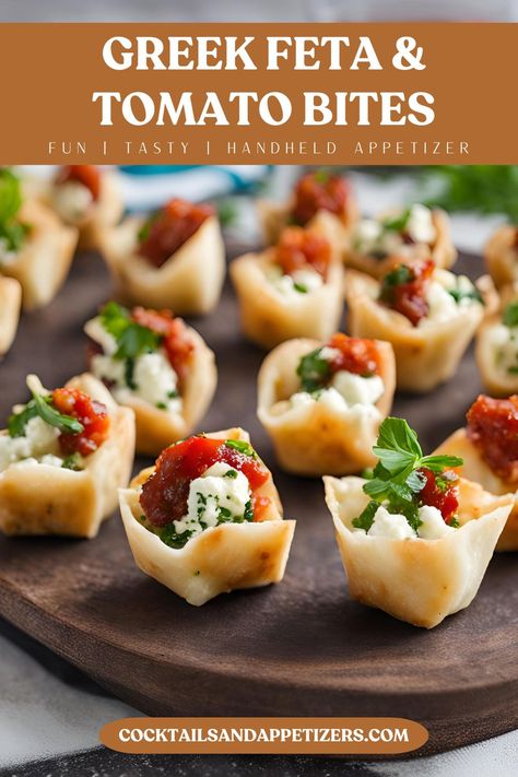 Quick and easy appetizer that takes just a few minutes. Tomato & Feta Bites are a great make ahead food for parties. Tasty Mediterranean Feta Bites recipe combines tasty veggies with a homemade dressing in crispy phyllo cups. Easy Christmas party appetizer or game day handheld appetizer. Feta Skewers Appetizers, Feta Appetizers For Party, Feta Cheese Appetizers, Mediterranean Recipes Appetizers, Mediterranean Party Food, Diet Appetizers, Clean Appetizers, Make Ahead Food, Feta Bites