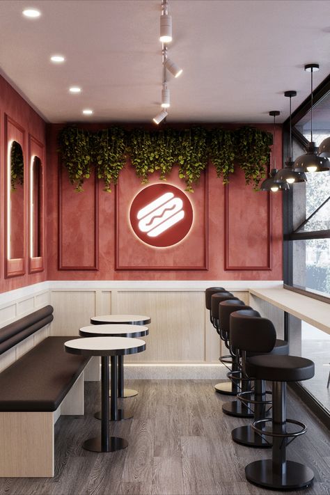 Sandwich house interior with high chairs and table 🌭 Sandwich Shop Design, Small Restaurant Design, Interior Design Industrial, Cafe Wall Decor, Sandwich Restaurant, Small Restaurant, Sandwich Shop, Cafe Shop Design, Sandwich Shops