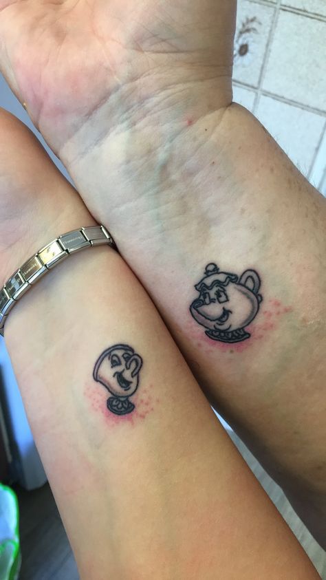 Matching Mother And Daughter Tattoos, Mum And Daughter Tattoo, Mother And Daughter Tattoos, Mommy Daughter Tattoos, Father Son Tattoo, Mrs Potts And Chip, Family First Tattoo, Maching Tattoos, Mother Son Tattoos