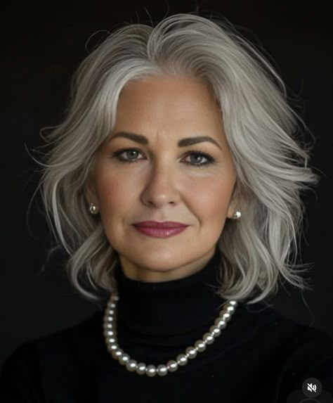 Grey Hair Shoulder Length, Makeup With Gray Hair, Shoulder Length Salt And Pepper Hair, Medium Gray Hair, Mid Length Salt And Pepper Hair, Merideth Grey Hair Hairstyles, Medium Length Grey Wigs, Short Gray Hair Over 50, Grey Hair Model Older Women