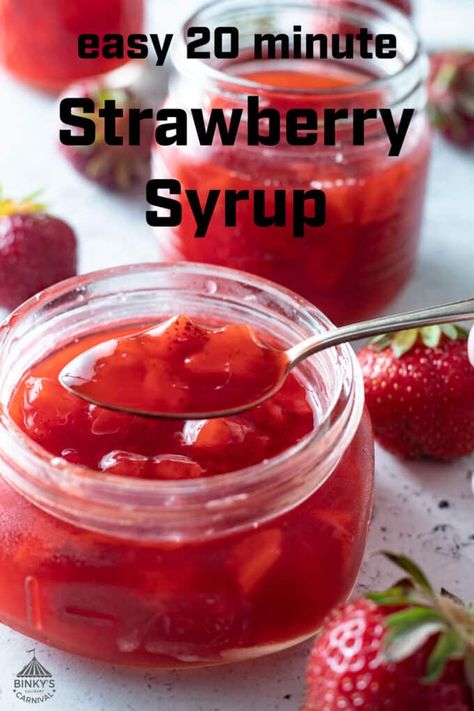 Strawberry Syrup Recipe (Strawberry Sauce) - Binky's Culinary Carnival Homemade Syrup For Pancakes, Strawberry Syrup For Drinks, Favorites Questions, Milk Cocktails, Strawberry Syrup Recipe, Syrup For Drinks, Homemade Strawberry Syrup, Strawberry Syrup Recipes, Cream Sauces