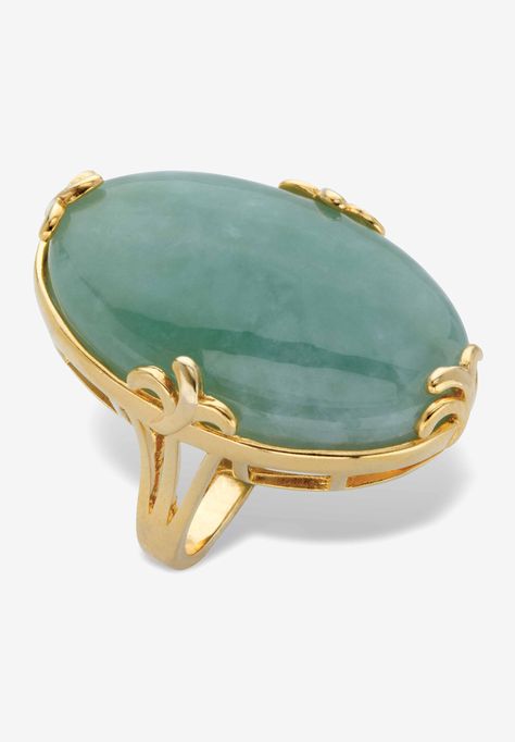 This head turner marries bold contemporary styling with the elegance of classic green jade for a look that dazzles with elegant beauty. Featuring a large oval cabochon of genuine green jade, you'll cherish this gorgeous cocktail ring. Includes gift box and drawstring pouch 18k gold-platedMain Stone: 1 Oval Cabachon Cut Genuine Green Jade, 30 mm x 20 mmDimensions: 22 mm wide x 30 mm long x 12 mm highSizes 6-10Includes gift box and drawstring pouch | Women's Yellow Gold Plated Genuine Green Jade O Mother Jewelry, Elegant Beauty, Cabochon Ring, Oval Ring, Oval Rings, Drawstring Pouch, I Love Jewelry, Green Jade, Love Jewelry