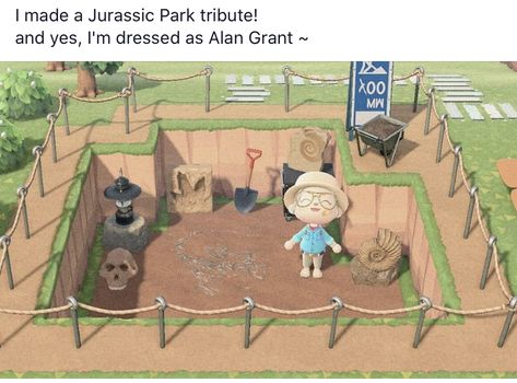 Large Space Fillers Animal Crossing, Acnh Jurassic Park Design, Animal Crossing Dinosaur Park, Acnh Archeology, Acnh Fisherman, Acnh Dinosaur Designs, Animal Crossing Theme Park, Acnh Idea, Alan Grant