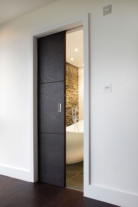 Sliding door - Bespoke doors Pocket Doors Bathroom, Bathroom Door Ideas, Sliding Bathroom Doors, Internal Sliding Doors, Modern Sliding Doors, Desain Pantry, Doors Modern, Sliding Door Design, Sliding Pocket Doors