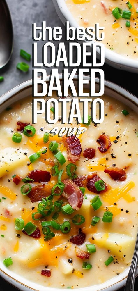 Loaded Bacon Potato Soup [50 Minutes] Toppings For Potato Soup, Loaded Potato Bacon Soup, One Pot Loaded Baked Potato Soup, Bake Potatoes Soup, Easy Cheddar Potato Soup, Small Batch Loaded Baked Potato Soup, Gluten Free Potato Bacon Soup, Soup Recipes Family, Loaded Baked Potato Soup Chilis