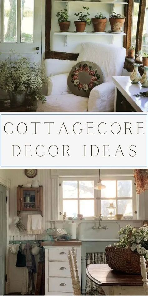 The cottagecore aesthetic is a new trend depicting a simpler life, a rural life, a charming way of living. Here are cottagecore decor ideas to create this look or lifestyle. Photo ideas and detailed instructions teaching how to decorate a cottagecore home. Using rustic furniture, vintage decor like vases, botanical art of mushrooms, butterflies, and flowers. Cottage core decorating ideas from farmcore, grandmacore, gardencore, meadowcore and more. Cottagecore Decor Ideas, What Is Cottagecore, Laundry Cafe, Cottage Core Diy, Cottagecore Homes, Cottage Core Interior, Cottage Core Home Decor, Cottage Core Home, Cottagecore Living