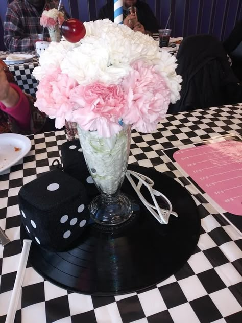 Grease Themed Table Decorations, Grease Party Games, Grease Table Decorations, Grease Theme 1st Birthday Party, Grease Themed Wedding, 50s Theme Birthday Ideas For Women, Rockabilly Decorations Party, Grease Lightning Party Ideas, Grease Gender Reveal