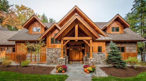 Timberframe Lake House - Rustic - Exterior - Manchester - by All in the Details | Houzz Timber Frame Exterior, Rustic House Exterior, Wooden Homes, Wood Shutters Exterior, Wood Siding Exterior, Rustic Home Interiors, Rustic Exterior, Shutters Exterior, Timber Frame Homes