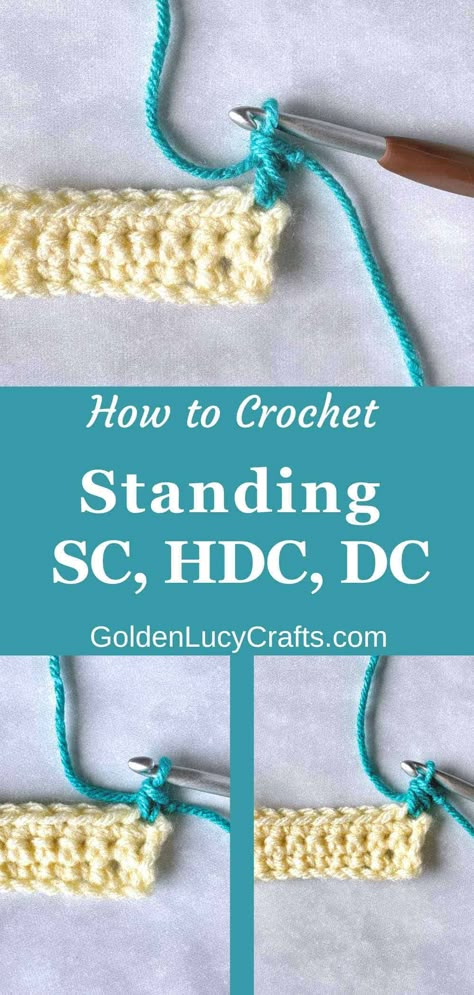 Photo and video tutorial on crochet standing stitches single crochet (sc), half double crochet (hdc), and double crochet (dc) Crochet Standing Stitch, Standing Crochet Stitch, Standing Stitch Crochet, Standing Double Crochet Tutorial, Learn To Crochet Beginner, Hdc Crochet, Crochet Hacks, Practical Crochet, Crochet Hdc