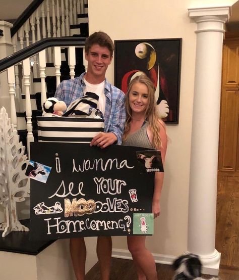 Cow themed Hoco- My daughter and her boyfriend have a joke about cows... so she thought that would be a funny way to ask him to her HS homecoming.. it worked! Ways To Ask A Cowboy To A Dance, Western Promposal Ideas, Cow Proposal Ideas, Farm Hoco Proposal, Country Themed Hoco Proposals, Cow Homecoming Proposal Ideas, Funny Ways To Ask To A Dance, Cow Themed Promposal, Cow Promposal Ideas