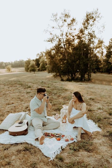 Picnic guitar couple photos engagement session Polaroids fruit and charcuterie board dreamy Picnic Prenup Photoshoot, Couple Picnic Poses, Elopement Picnic Photo Ideas, Engagement Shoot Themes, Picnic Prewedding Photoshoot, Picnic Style Photoshoot, Picnic Theme Photoshoot, Preshoot Ideas Photo Shoot, Picnic Prewedding