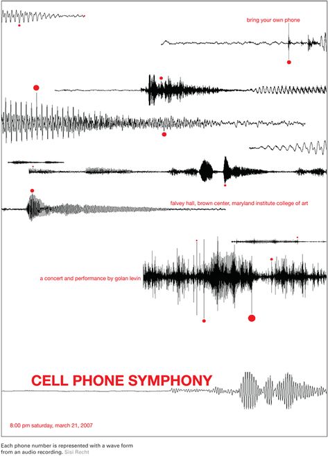 Phone numbers within this cell phone symphony poster are all represented through audio waves found in recordings, rather than the displaying the number itself. Sound Waves Design, Audio Waves, Graphic Design Portfolio Layout, Wave Poster, Jazz Poster, Music Festival Poster, Poster Layout, Print Layout, Music Aesthetic