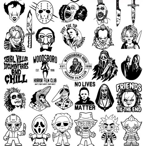 Horror Best Sellers 🔪 #decals #horror #allthingshorror #horrordecals #vinyldecals #vinyldecalshop #decalshop #shopsmall #smallbusiness #freddykrueger #jasonvoorhees #michaelmyers #ghostface #beetlejuice #childsplay #scream #serialkiller #jigsaw #thenun #pennywise #it #fridaythe13th #nightmareonelmstreet Horror Movie Symbols Tattoo, Horror Movie Tattoo Flash Sheet, Horror Movie Tattoos Black And White, Horror Movie Flash Tattoo, Horror Movie Embroidery, Slasher Movie Tattoo Sleeve, Jigsaw Tattoo, Beetlejuice Tattoo, Horror Movie Patches