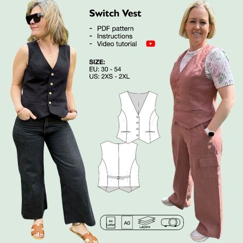 Versatile Women's Vest PDF Sewing Pattern - A Classic Waistcoat for All Occasions Sew Vest Pattern Women, Vest Sewing Pattern Womens, Free Vest Sewing Pattern, Waistcoat Pattern Sewing, Waist Coat Pattern, Vest Sewing Pattern Free, Vest Patterns For Women Sewing, Womens Vest Pattern, Waistcoat Sewing Pattern